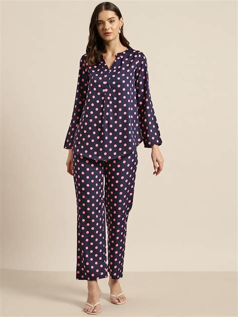 Navy And Pink Polka Crepe Shirt And Pant Set Qurvii