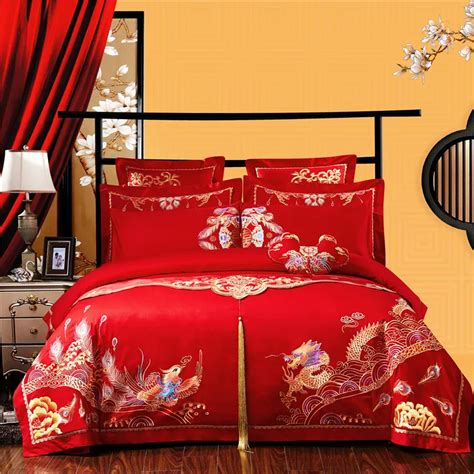 Buy Red Luxury Golden Dragon Phoenix Embroidery 100