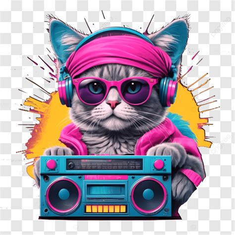 A Cat Dressed In 80s Style Complete With Sunglasses Neon Headband And