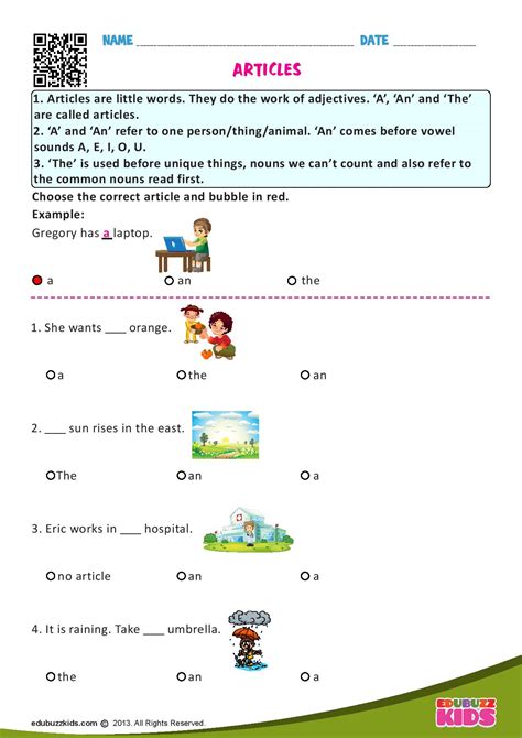 Articles Worksheet In Pdf Grade 1