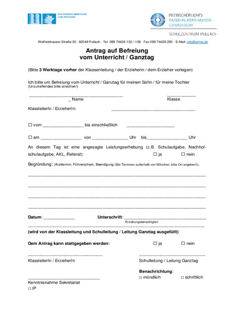 Ausf Llbar Online Antrag Auf Befreiung Vom Unterricht Ganztag Fax