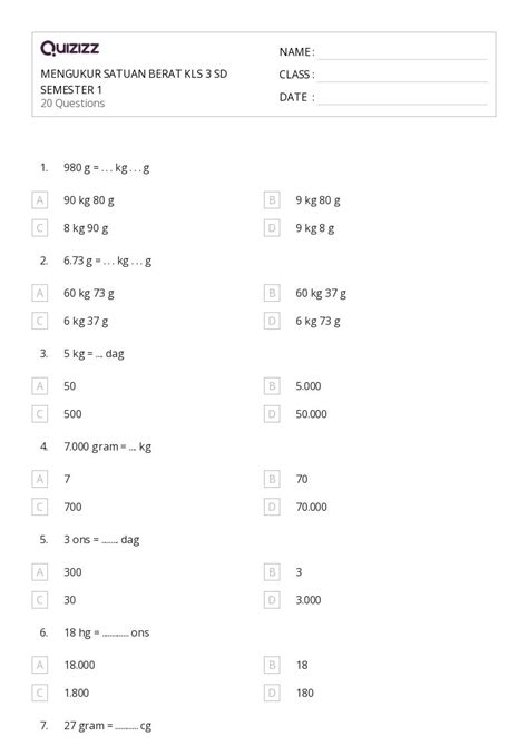 50 Lembar Kerja Mengukur Berat Untuk Kelas 3 Di Quizizz Gratis