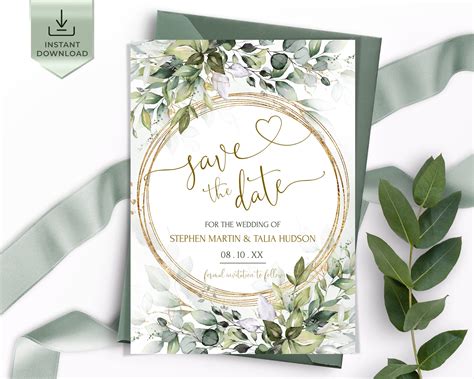 Sage Green Save The Date With Heart Printable Greenery Save The Date