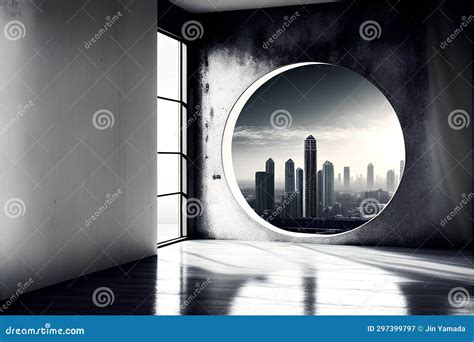 Empty Room With Big Window And City View 3D Rendering Stock