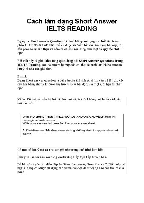 Cách làm dạng Short Answer Ielts Reading Cách làm dạng Short Answer