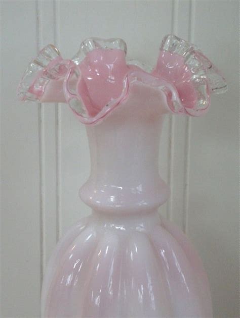 Vintage Fenton Pink Vase Ruffled Ruffle Top White Milk