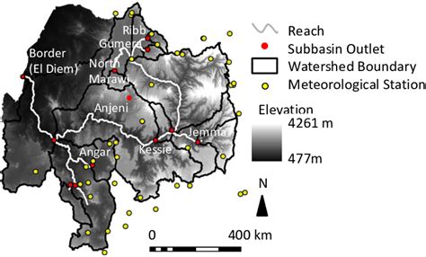 Digital Elevation Model Dem Reaches Subbasins And Subbasin Outlets