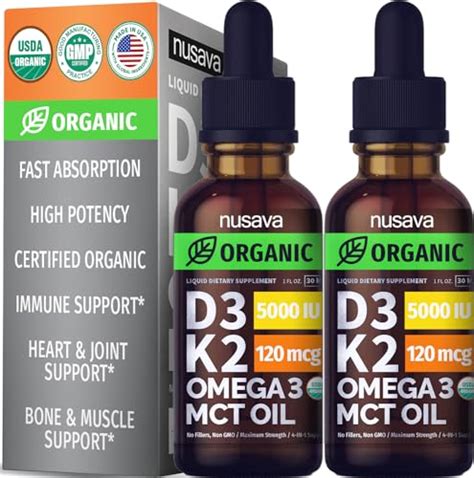 2 Pack Organic Vitamin D3 K2 Drops W Mct Oil Omega 3 5000 Iu