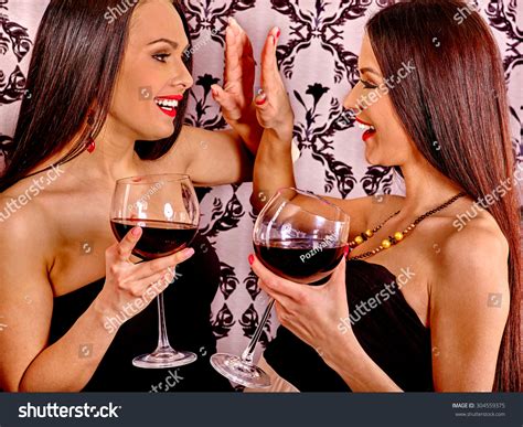 Two Sexy Lesbian Women Red Wineblack Stock Photo Edit Now 304559375