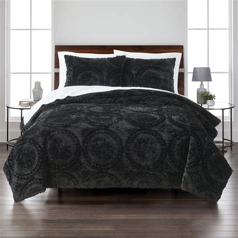 Better Homes Gardens 3 Piece Black Embroidered Faux Fur Comforter Set