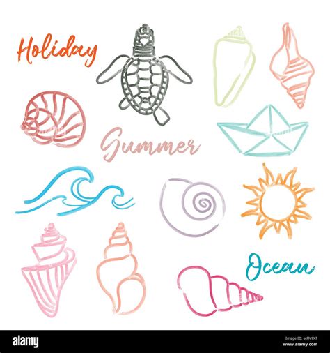 Hand Drawn Doodle Watercolor Seashells And Sea Elements Set Vector