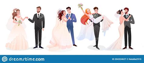 Marriage Wedding Couple Vector Illustration Collection Cartoon Happy