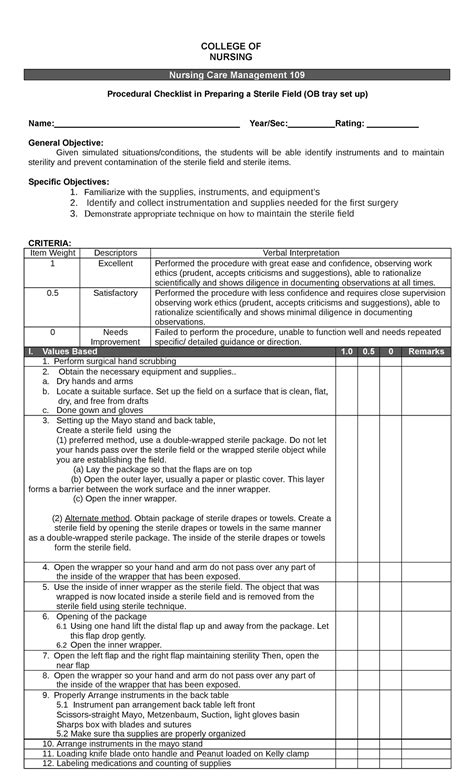 Instrument Prep Nursing Retdem Checklist College Of Nursing