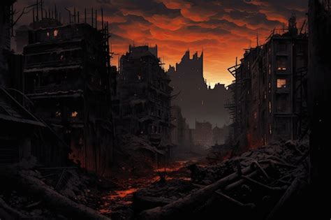 Premium AI Image | Ruins of a city at sunset 3d rendering Computer ...