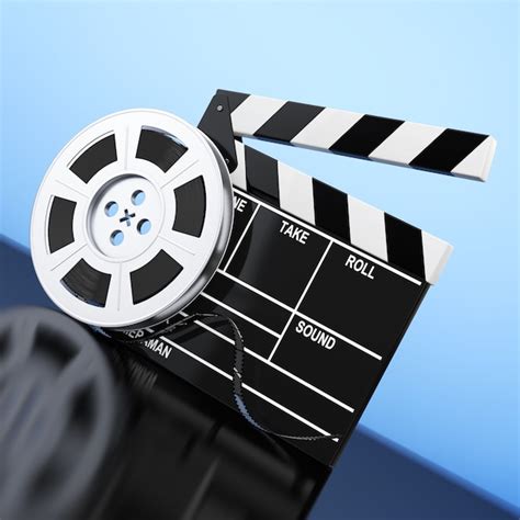 Premium Photo Film Reel With Cinema Tape Near Clapboard On A Blue