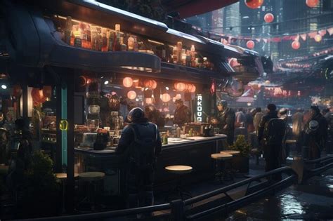 Premium Photo Cyberpunk Street Market Scene With Holographic