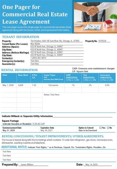 One Pager For Commercial Real Estate Lease Agreement Presentation