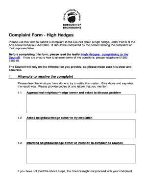 Fillable Online High Hedge Complaint Form Broxbournegovuk Fax Email