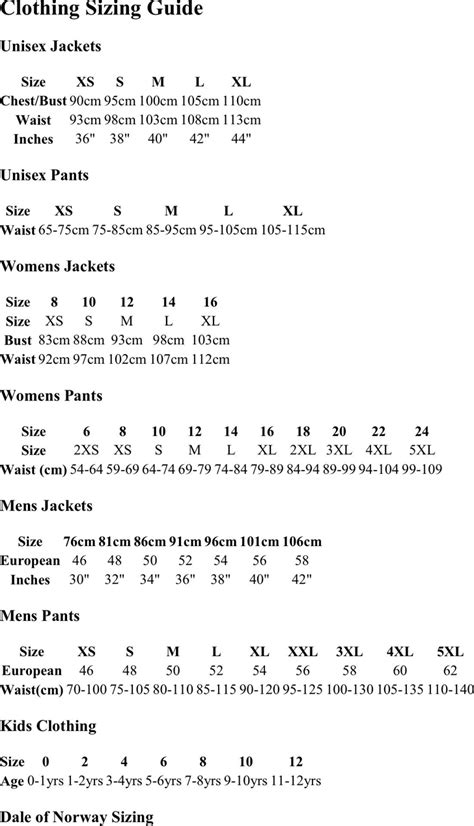 Clothing Size Chart Template Free Download Speedy Template