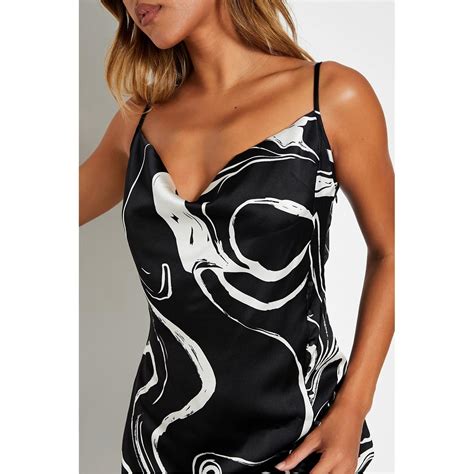 I Saw It First Satin Abstract Print Side Split Midi Dress Black