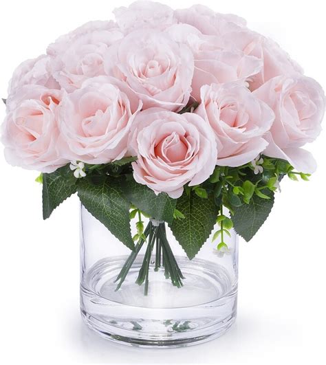 Enova Home Artificial Open Fake Silk Roses Flowers Arrangement In Clear Glass Vase With Faux