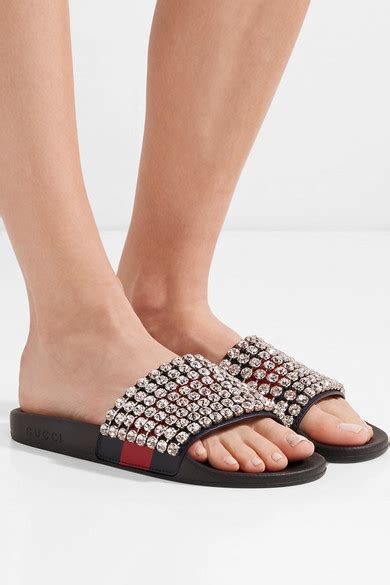 Gucci Crystal Embellished Leather And Rubber Slides NET A PORTER