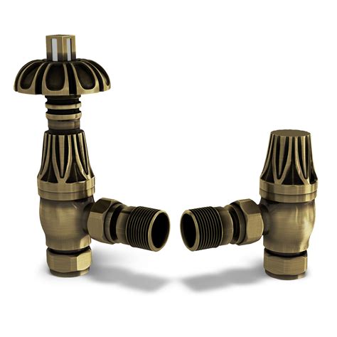 Antique Brass Thermostatic Radiator Valves Angled - Signature Metal Head | UK Radiators