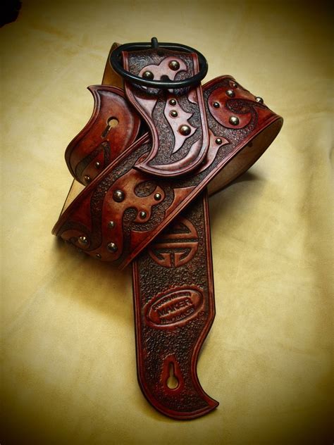 Leather Guitar Strap Antique Red Hand Tooled By Mataradesign