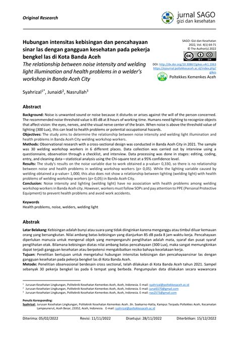 Pdf Hubungan Intensitas Kebisingan Dan Pencahayaan Sinar Las Dengan