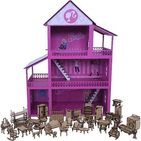 Casinha De Boneca Barbie Mdf Pintada Adesivada M Veis Dl Laser