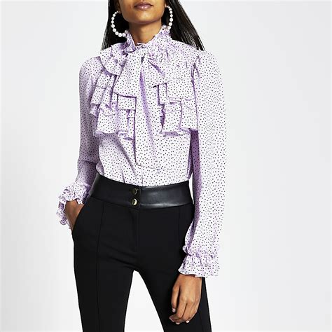 Purple Spot Print Ruffle Neck Blouse River Island