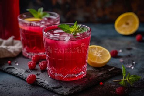 Two Glasses Filled With Refreshing Raspberry Lemonade Placed On A Slate