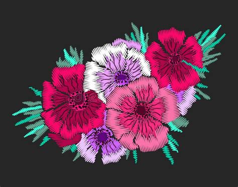 Anemone Flower Composition Embroidered Design Needlework Illustration