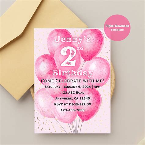 Pink Balloons Birthday Invitation Template Customizable Pink Balloons