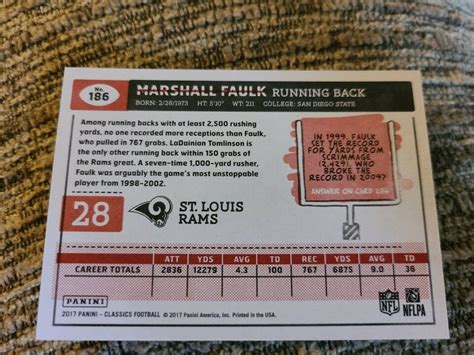 Marshall Faulk 2017 Panini Classics Red Back Football Card 186 NM MT