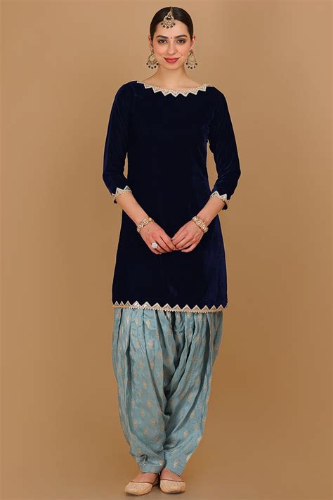 Velvet Navy Blue Lace Embroidered Patiala Suit Lstv127826