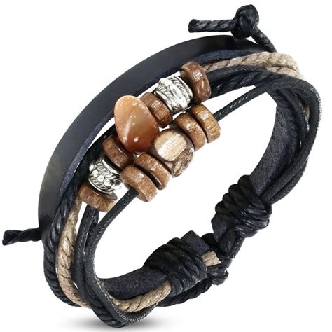 Bracelet Homme En Cuir Ajustable Noir Cordes Et Perles De Karma ZB0232