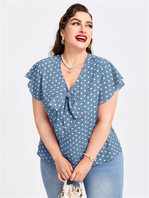 Plus Polka Dot Print Knot Front Butterfly Sleeve Blouse Blusas