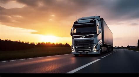 Um caminhão volvo dirigindo em uma estrada ao pôr do sol imagem