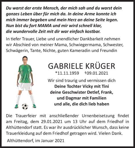 Traueranzeigen Von Gabriele Kr Ger M Rkische Onlinezeitung Trauerportal