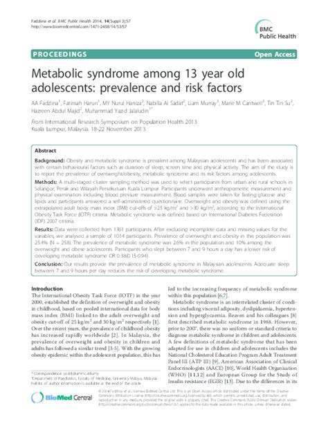 Pdf Metabolic Syndrome Among 13 Year Old Adolescents Prevalence And