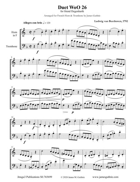 Beethoven Duet WoO 26 For French Horn Trombone Arr James Guthrie