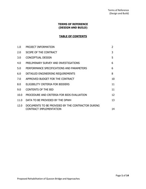 Terms Of Reference Design And Build Terms Of Reference