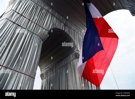 Arc de Triomphe monument with french flag wrapped by Christo artist, Paris France Stock Photo ...