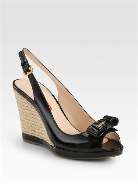 Prada Patent Leather Bow Espadrille Wedge Sandals In Black Nero Black