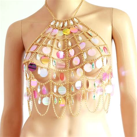 Sexy Chain Mermaids Tops Women Summer Bling Hollow Sequins Halter Shirt Womens Cropped Sparkly