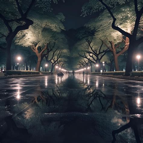 Free Photo Night City Park With Street Lamps And Trees 3d Rendering