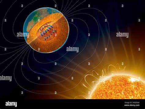 Effect of sunstorm on Earth. Computer illustration showing how a solar storm affects the Earth's ...