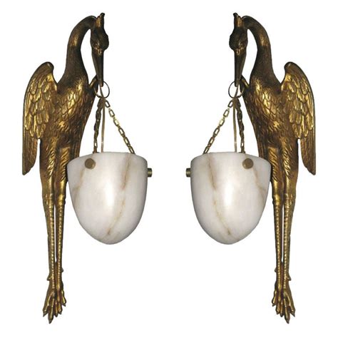 Pair French Art Deco Bronze Dore And Alabaster Stork Wall Sconces At