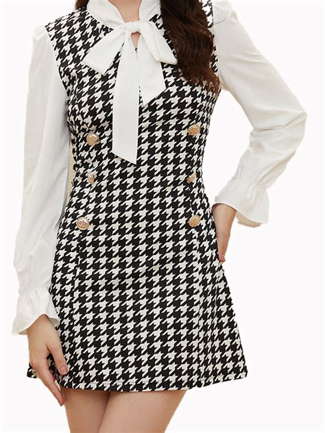 Lovito Houndstooth Knot Colorblock Stitching Bishop Sleeve Dress For